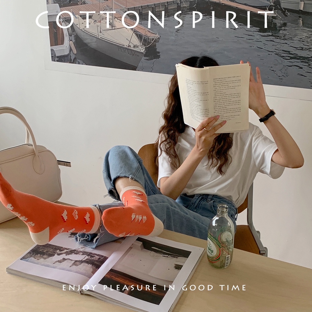 Vớ cổ cao nữ dễ thương Hàn Quốc Tất dài cao cổ Cute nữ Cotton Cao cấp In hình Trái tim