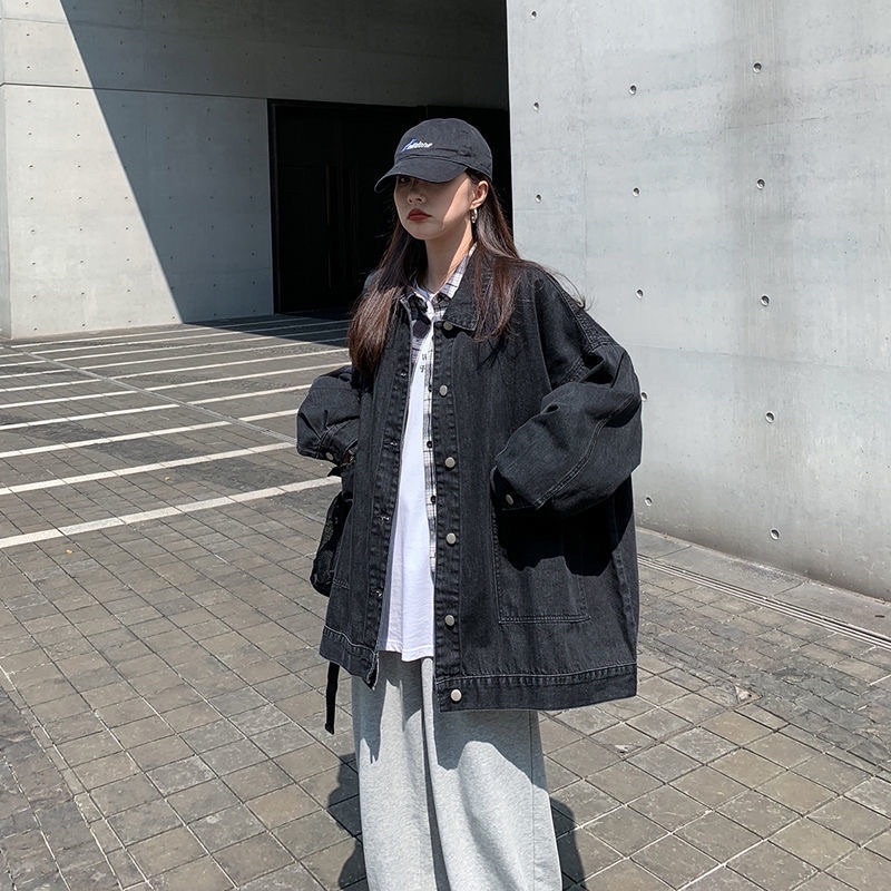 Áo Khoác Bò Jean Dài Tay Màu Đen Xanh Dáng Rộng Basic Phong Cách Ulzzang Đường Phố Tối Giản Cá Tính Năng Động Chất Đẹp