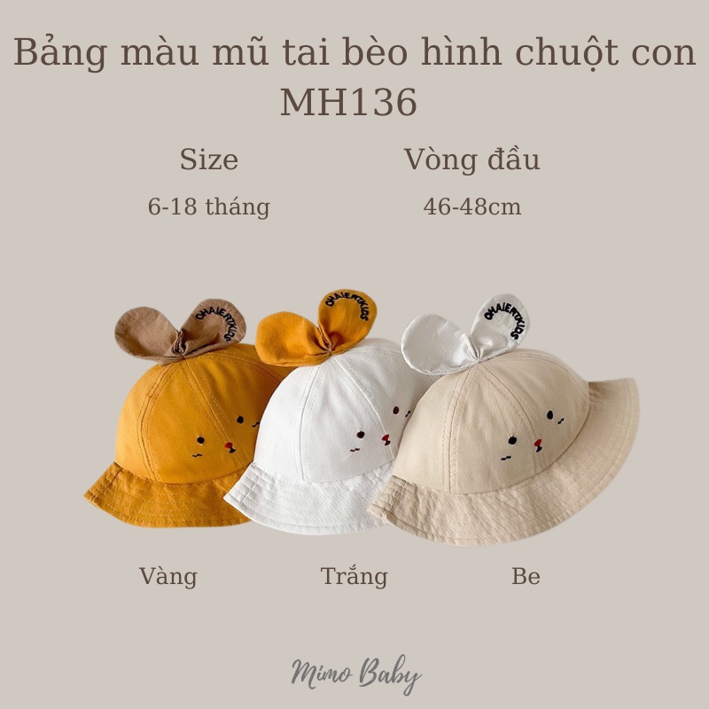 Mũ nón tai bèo, mũ bucket hình chuột con đính nơ dễ thương cho bé MH136 Mimo Baby