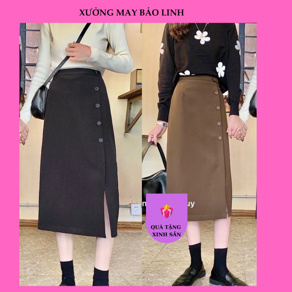 Chân Váy Dài Qua Gối Dáng Chữ A Xẻ Cạnh Phong Cách Hàn Quốc Phối 5 Cúc Trẻ Trung