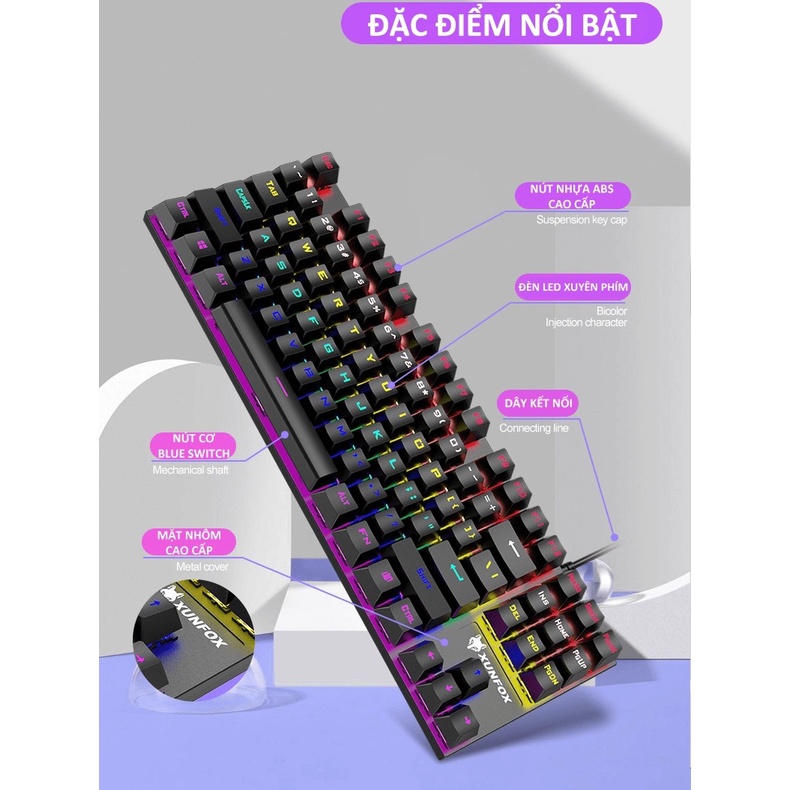 Bàn phím cơ mini chuyên game Blue Switch nút vuông 87 phím XUNFOX K80