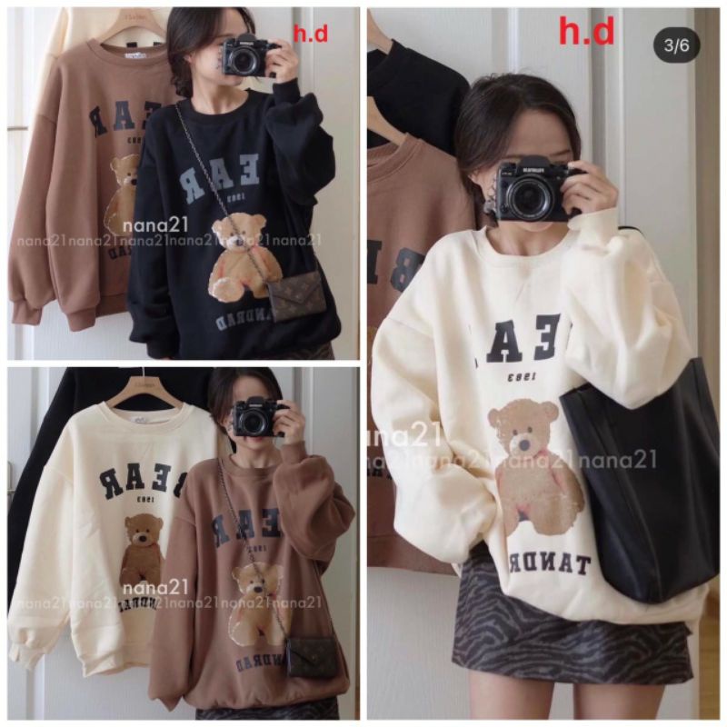 Áo Nỉ Cotton Gấu BearSweater cao cổ dài tay bồng, thun hoodie form rộng UlzzangChất Nỉ Bông Đẹp Không Bai xù