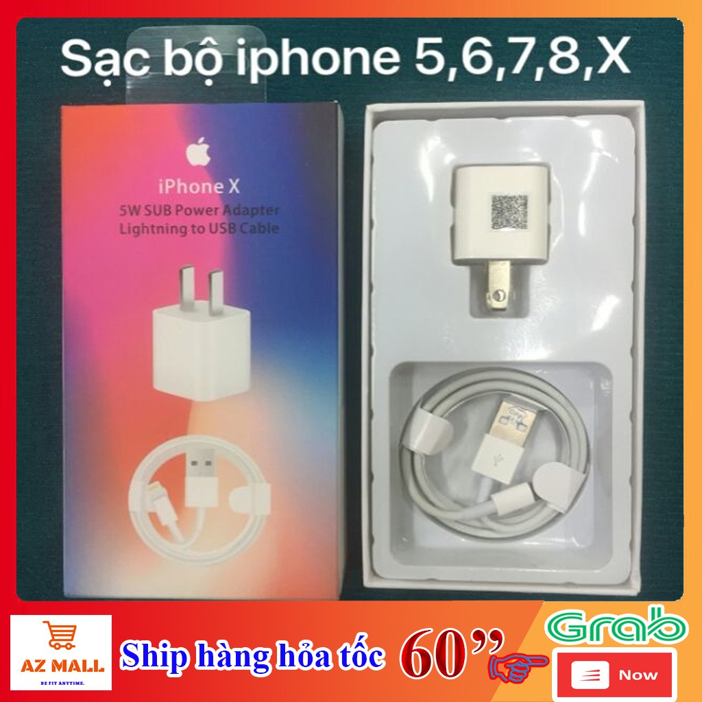 Full Bộ Củ Cáp Sạc iPhone 5,5s,6,6plus, 6s, 6s plus, 7, 7plus, 8, 8plus, x, xs, xs max Hỗ Trợ Sạc Nhanh