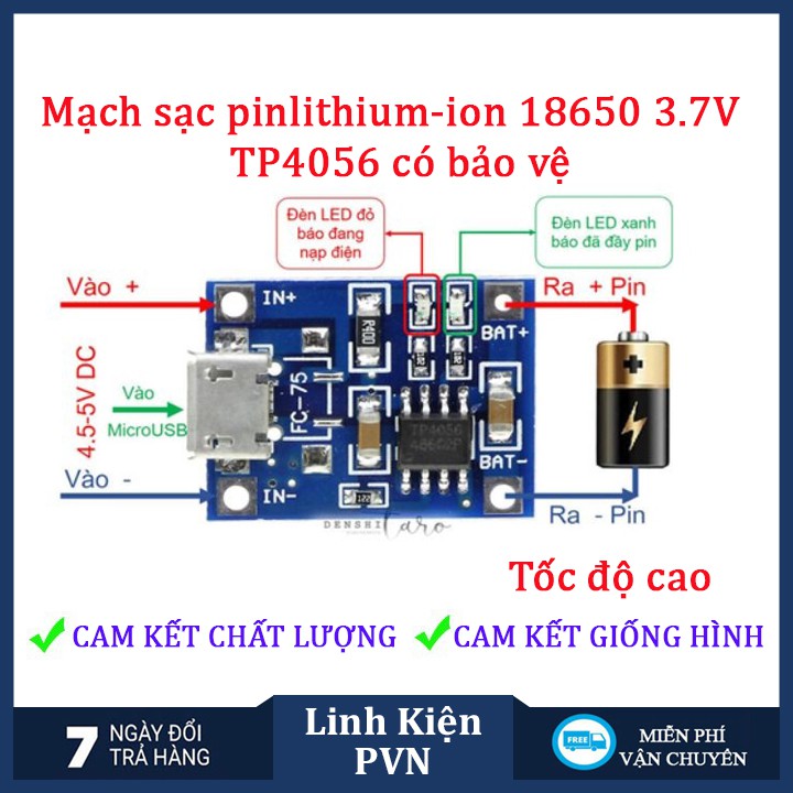 Mạch Sạc pin 1S Lithium - Li-ion - 18650 TP4056 Có Bảo Vệ Pin