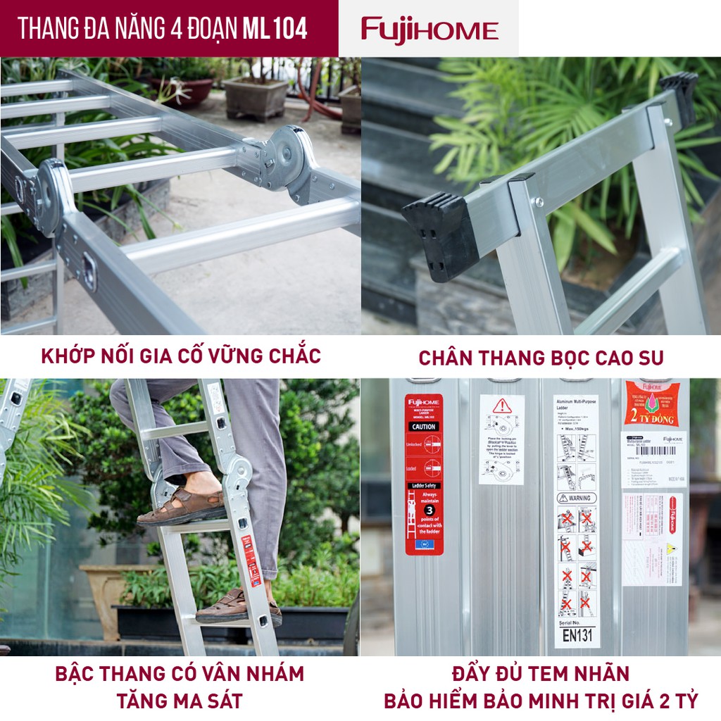 Thang nhôm gấp 4 đoạn Nhập Khẩu 4,7 mét siêu đa năng FUJIHOME, thang chữ M xếp gọn 4 khúc gia đình aluminum ladder