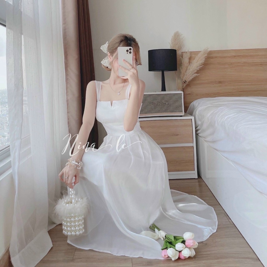 Váy đầm trắng maxi 2 dây dáng xòe dài, đầm voan trắng cúp ngực có mút ôm eo quyến rũ
