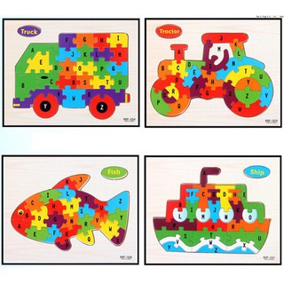 Tranh Ghép Gỗ Nổi 26 miếng 22x18 cm - tương ứng nối bảng chữ cái chọn chủ đề động vật, phương tiện