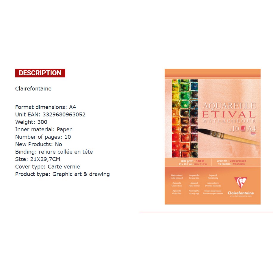 Sổ vẽ màu  nước Aquarell Etival WaterColour A4 300gsm 10 Sheets