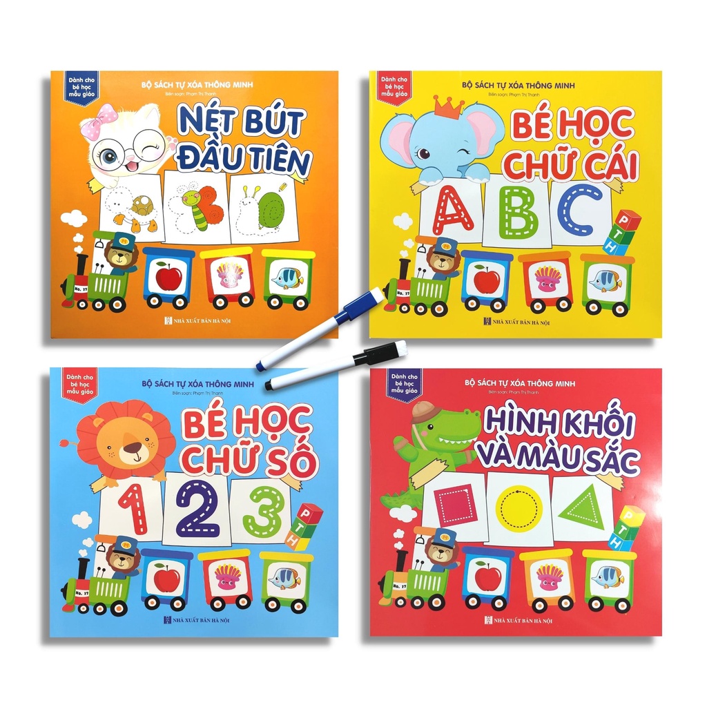 Sách Tự Xóa Thông Minh - Bộ 4 Cuốn - Bé Học Toán, Bé Học Chữ Số, Bé Học Chữ Cái, Hình Khối Và Màu Sắc