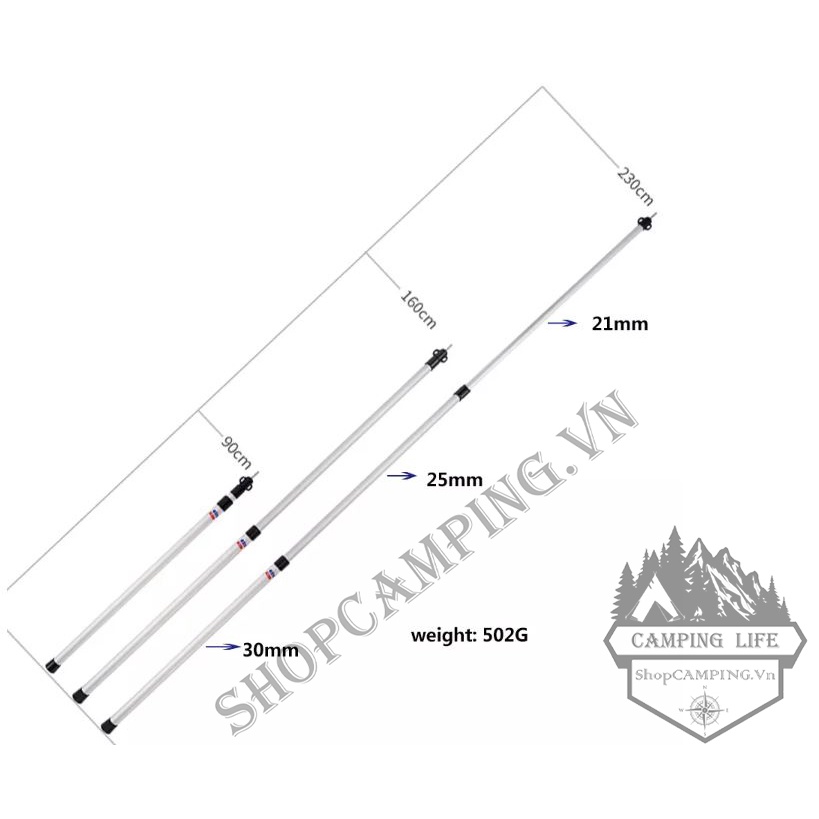 Bộ trụ 2 cây chống tăng/ tarp hợp kim nhôm 6061 rút gọn 2.3m