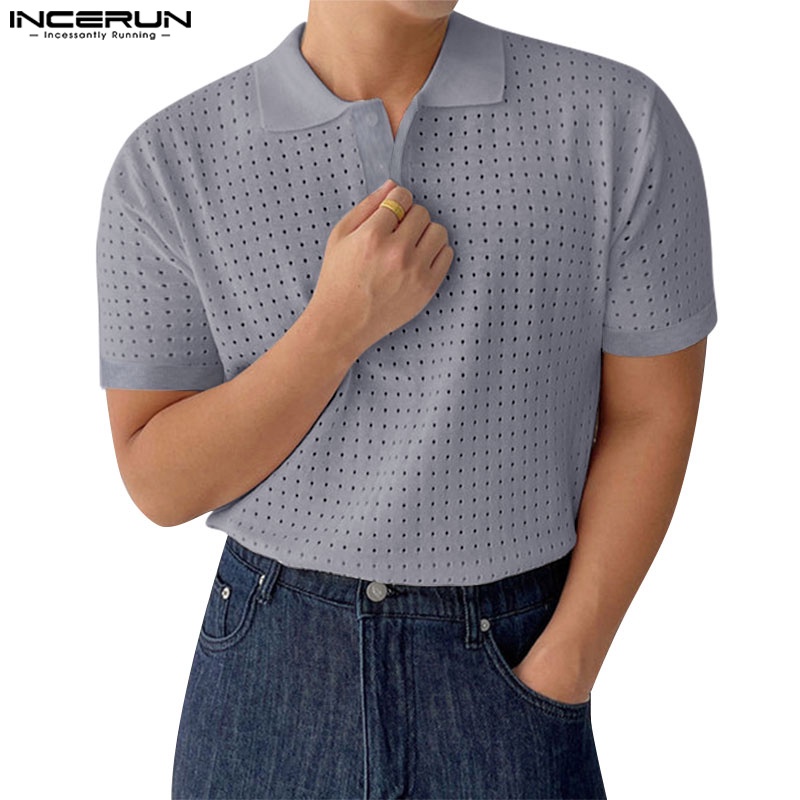 Áo thun polo INCERUN dệt kim ngắn tay thoáng khí phối nút thời trang dành cho nam