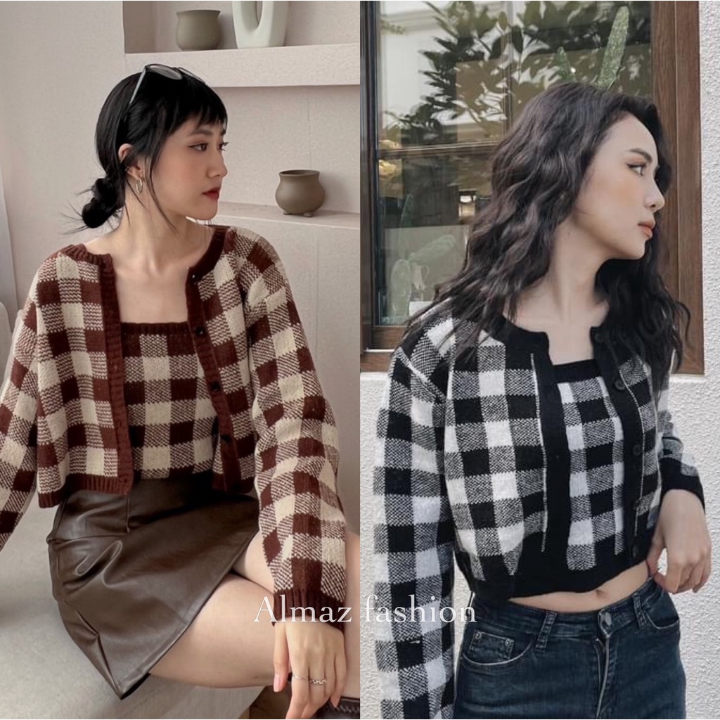 Set áo len cardigan kẻ caro kèm áo 2 dây sang chảnh siêu xinh siêu hot