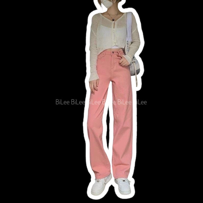 Quần kaki jean ống suông màu hồng phấn baby
