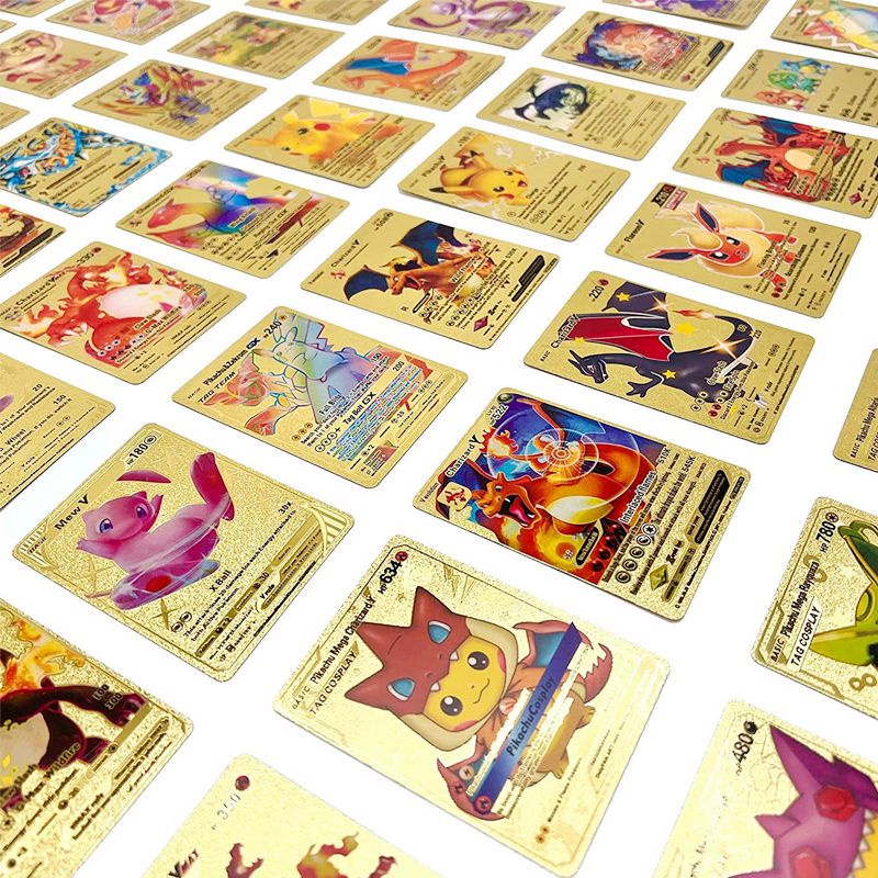 Hộp 55 thẻ game hình Pokemon tiếng anh bằng giấy nhôm vàng sưu tập dễ thương