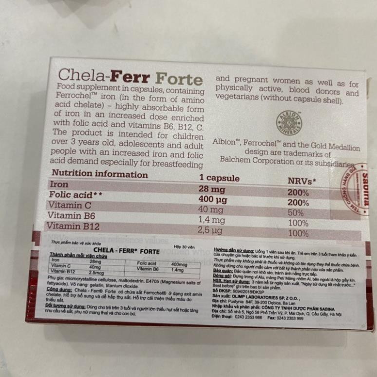 Sắt Chela-Ferr Forte - Hỗ trợ bổ sung và dễ hấp thụ sắt. Hỗ trợ cải thiện thiếu máu do thiếu sắt (Hộp 30 Viên)