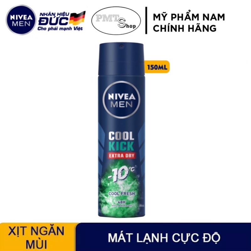 Combo 2 Xịt ngăn mùi nam NIVEA MEN Cool Kick 150ml x 2 chai Mát Lạnh - Thơm năng động Extra Dry Cool Active