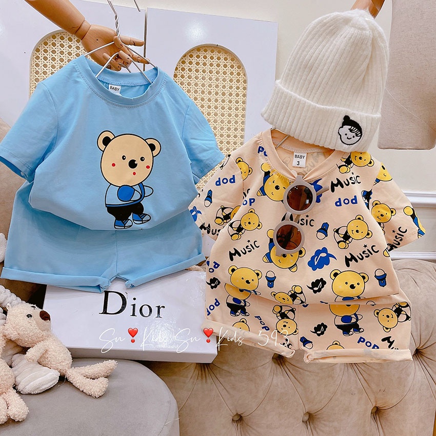 Bộ Quần Áo Cộc Tay Cho Bé In Hình Gấu Music Vải Cotton Chất Đep Cho Bé Từ 7-19kg Mã CT12