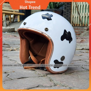 BÒ SỮA - Mũ bảo hiểm 3/4 bò sữa đốm đen lên nón màu trắng lót nâu đi phượt - Nón 3/4 đi phượt lên sticker bò