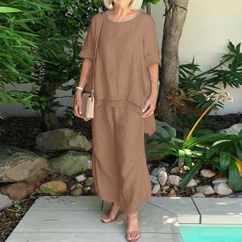 Set đồ ZANZEA gồm áo thun tay lỡ cổ tròn + quần dài ống rộng thời trang cho nữ