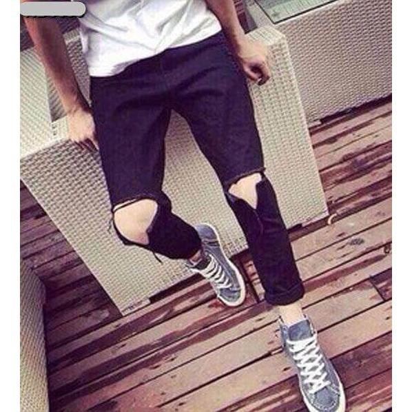 Quần jean Nam đen rách gối xẻ to, bò đen skinny co giãn