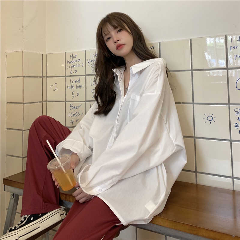 【ZHELIHANGFEI】Áo Sơ Mi Tay Dài Dáng Rộng Cổ Bẻ Dễ Phối Đồ Hợp Thời Trang