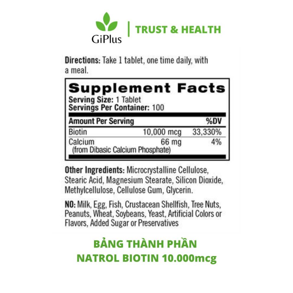 Viên Uống Hỗ Trợ Mọc Tóc, Móng Natrol Biotin 10.000mcg 100 viên Nội Địa Mỹ SeeMe beauty