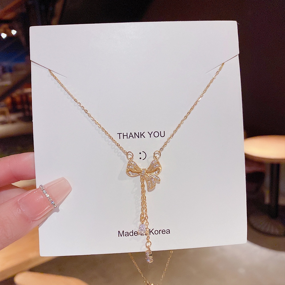 XiaoboACC Vòng Cổ Thép Titan Mạ Vàng 18K Mặt Nơ Đính Đá Zircon 38CM+6CM