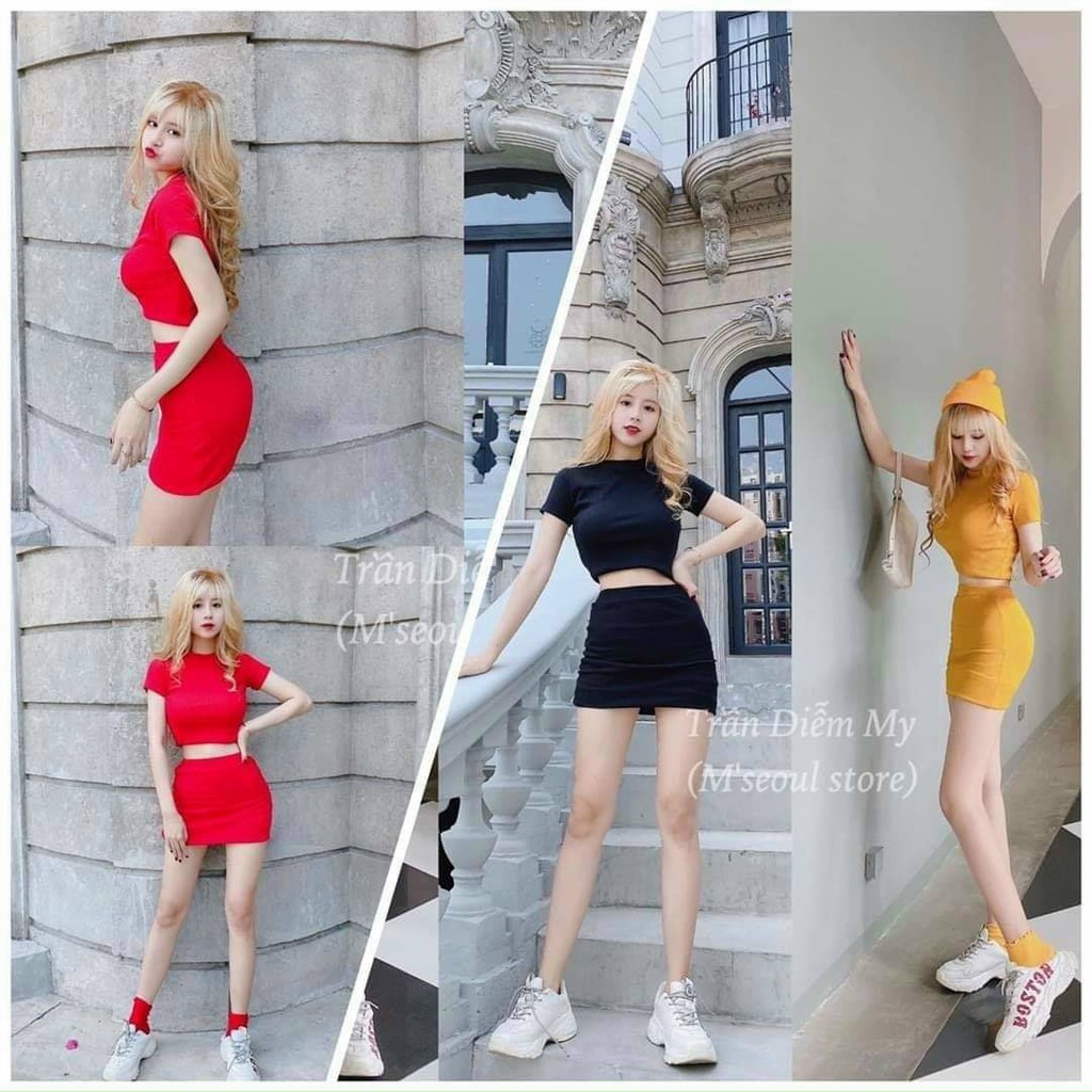 Set Chân Váy Áo Croptop Ôm Body tay cộc