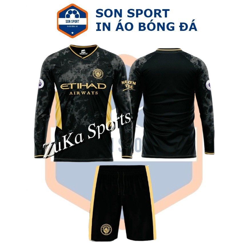Bộ Quần Áo Bóng Đá Dài Tay CLB Manchester City Màu Đen Loang