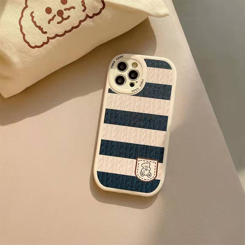 Ốp Điện Thoại Mềm Họa Tiết Kẻ Sọc Và Chú Gấu Dễ Thương Dành Cho Iphone 11 12 XR / Xs 13 Pro Max Mới