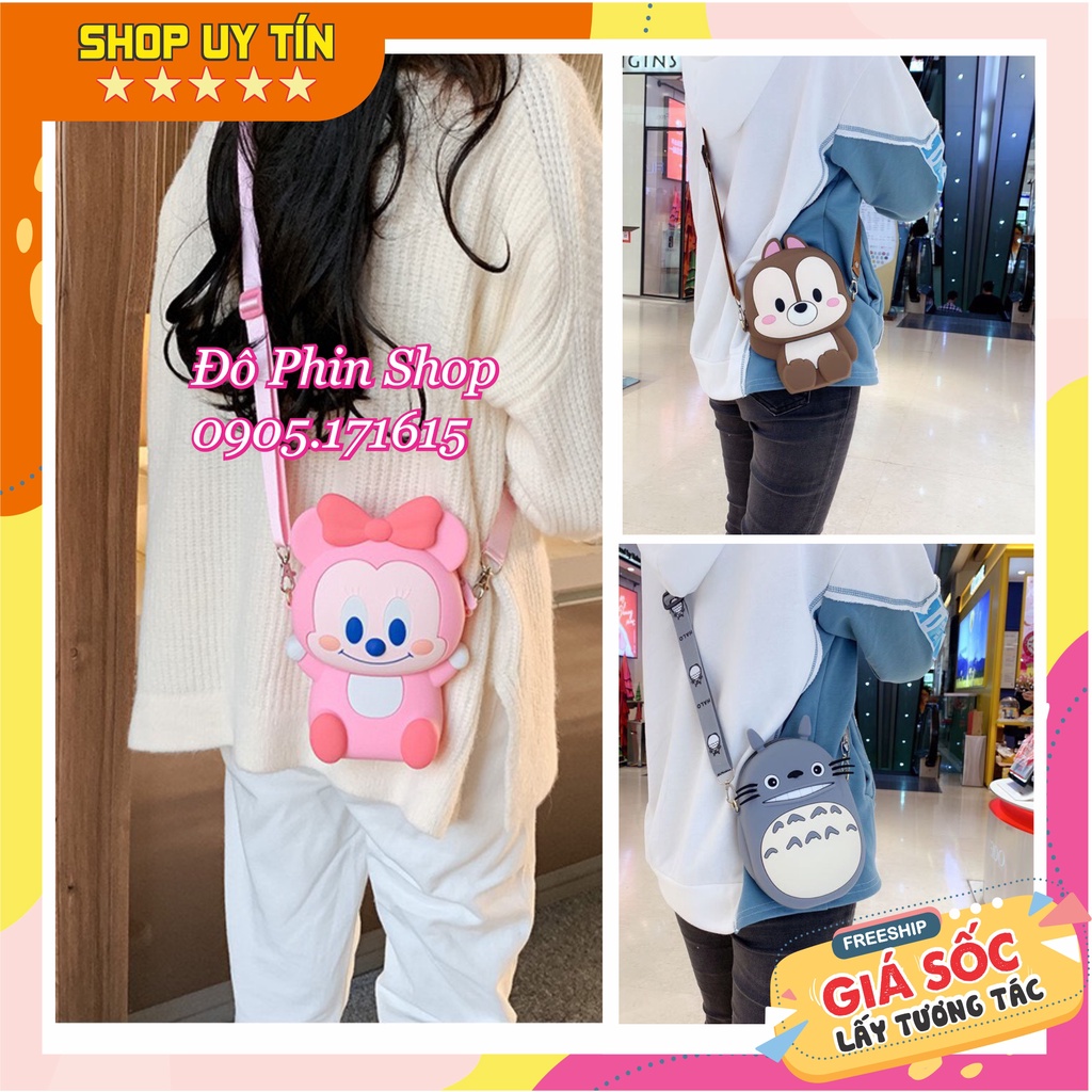 Túi đeo chéo silicon đựng điện thoại, mỹ phẩm, sách, ví trend, bao bì lì xì hình totoro mickey chip da