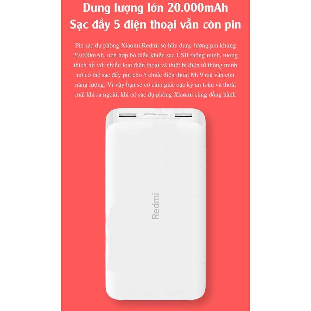 Pin dự phòng Redmi 20000 mAh , Pin sạc dự phòng chính hãng Xiaomi Sạc nhanh 18W trên 2 cổng vào và 2 cổng ra