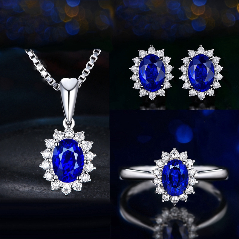 Full Kim Cương Sapphire Công Chúa Vương Miện Vòng Cổ Bộ Nhẫn Đính Bông Tai Dây Chuyền Nữ