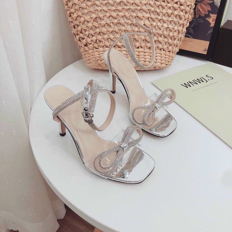Kèm ảnh thật I Giày sandal nữ gót nhọn 9p quai trong nơ đá cực đẹp