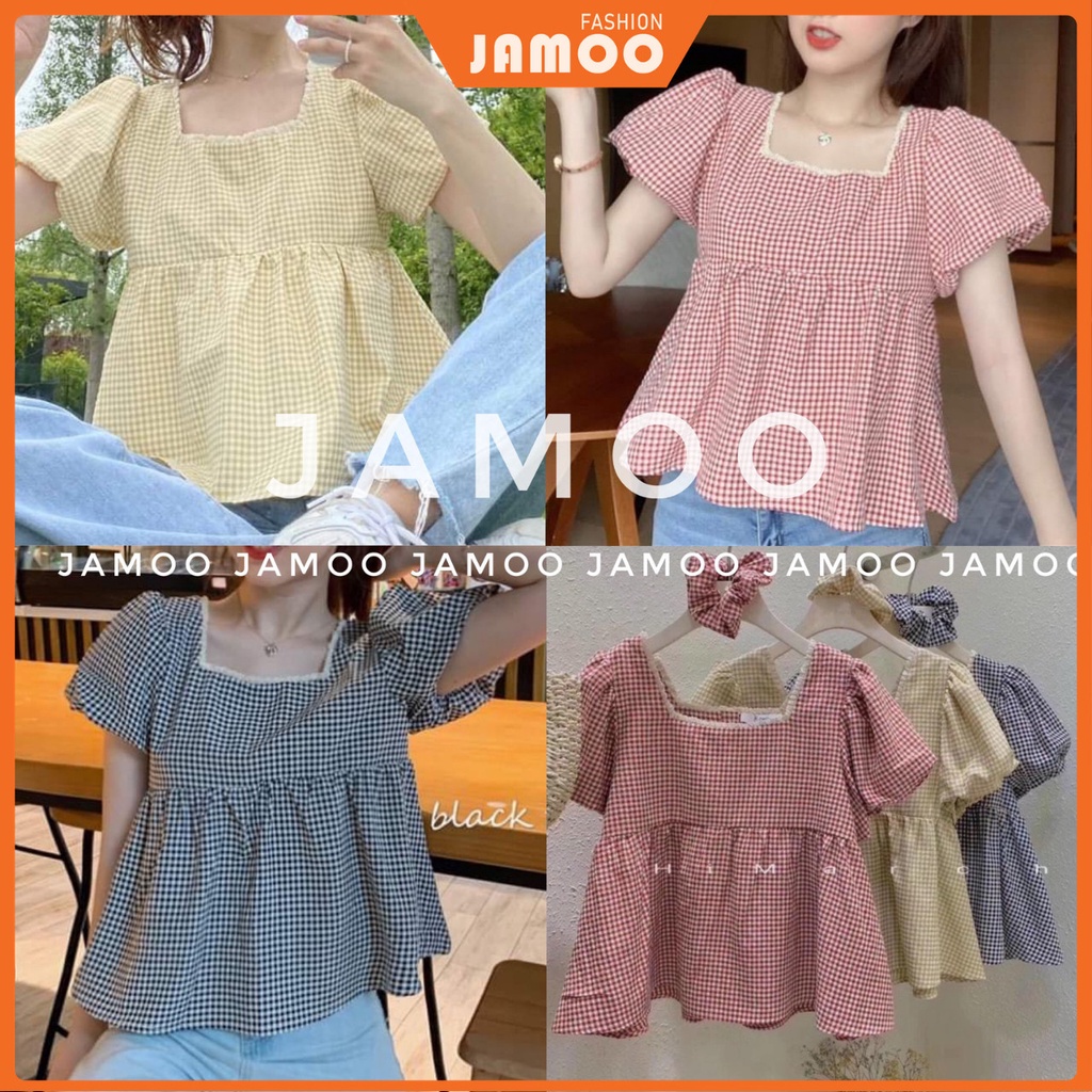 Áo babydoll cổ vuông kèm chun cột tóc- Áo sơ mi nữ ulzzang Jamoo( hàng sẵn/ video thật)