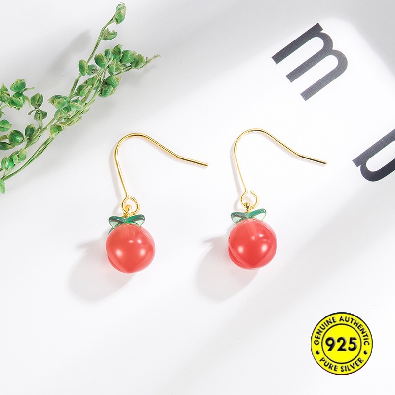 Khuyên Tai Móc Hình Trái Cây Đính Đá Mã Não Đỏ Dễ Thương Thiết Kế Đặc Biệt Thời Trang Mùa Hè
