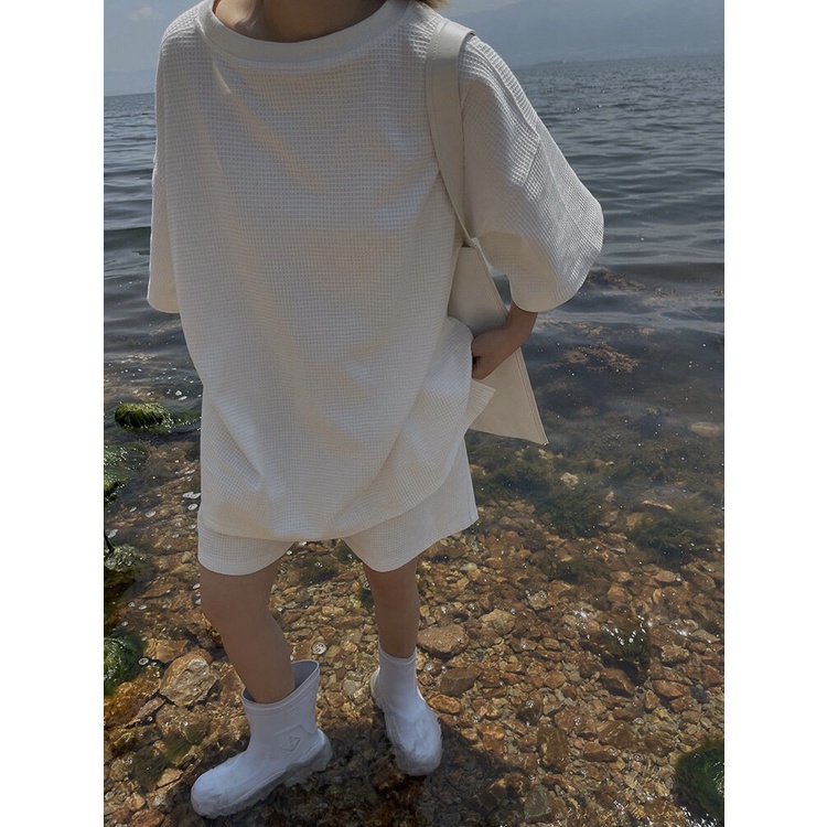 Bộ thun tổ ong unisex nam nữ [MÃ CJDE5 GIẢM 5k] set áo thun tay lỡ quân short form rộng freesize 21244 ulzzang