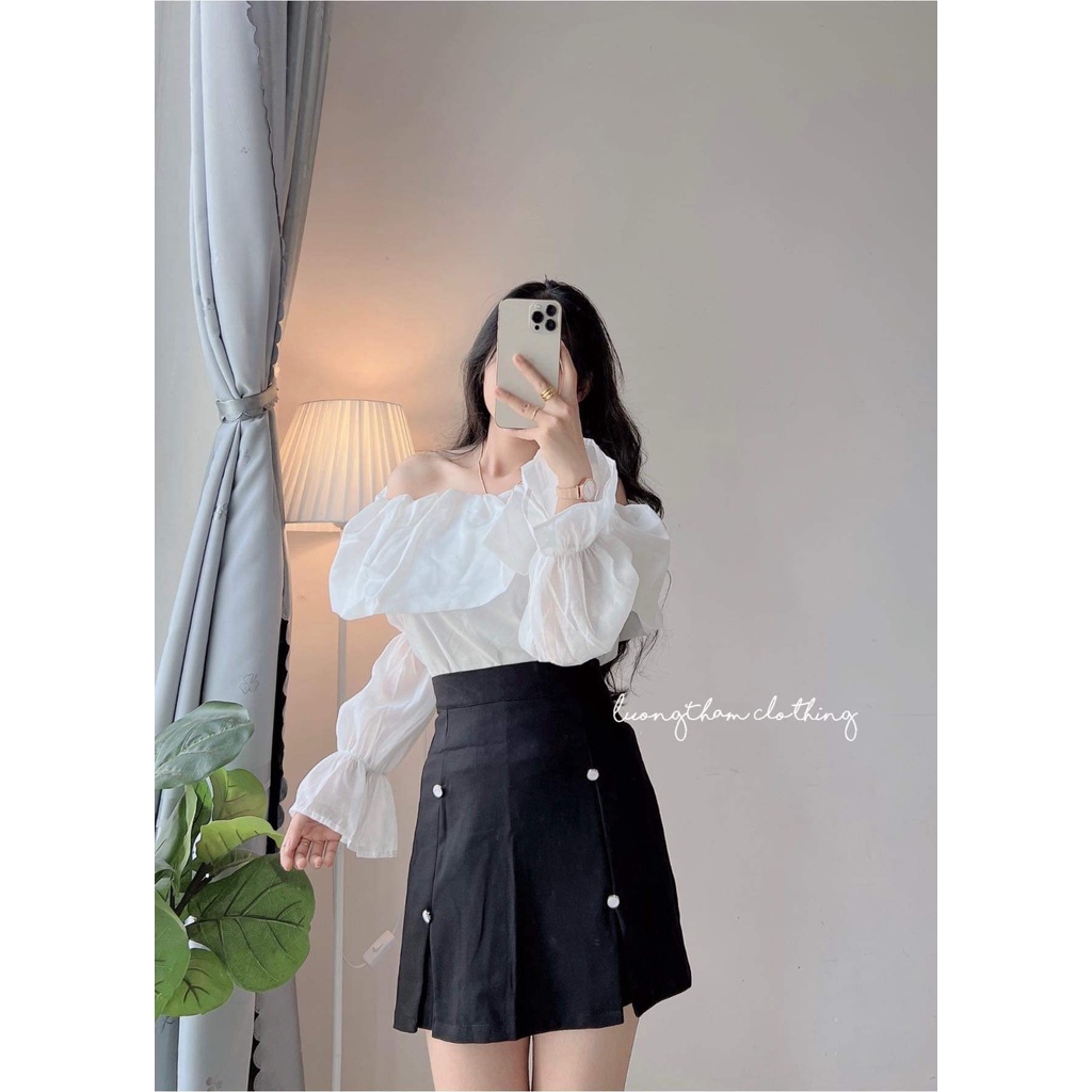 Áo sơ mi trễ vai 2 lớp tây bèo bó tạo dáng tay thon - Áo kiểu trễ vai tay dài phong cách Hàn Quốc thời trang cho nữ