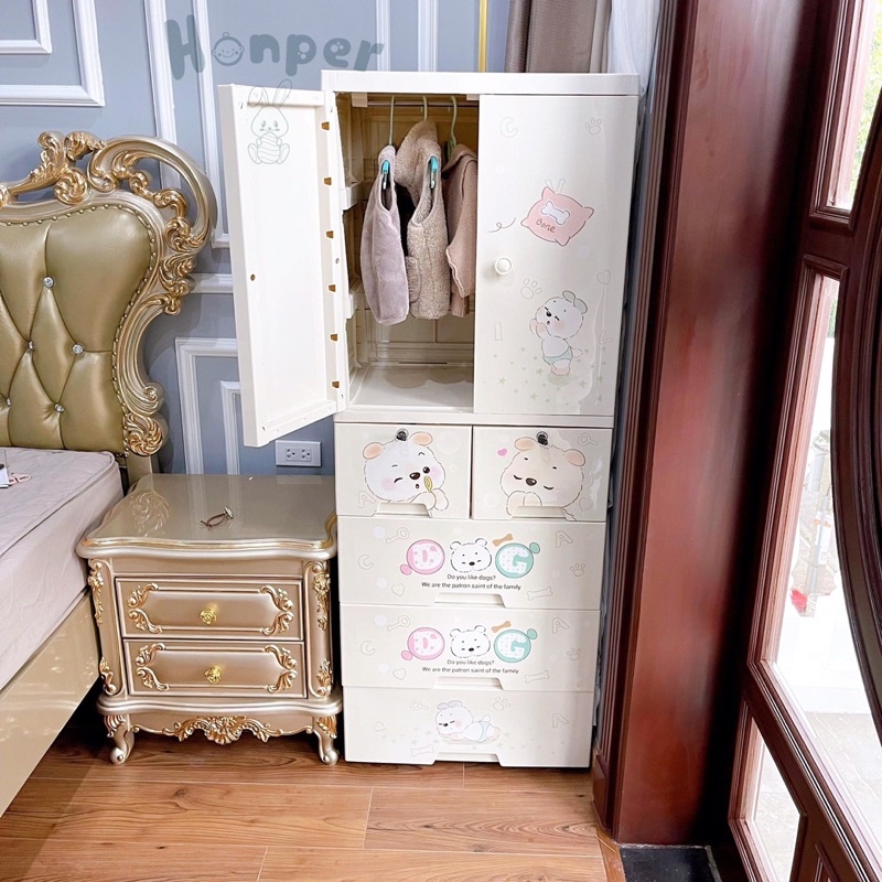 Tủ nhựa Honper 5 tầng mẫu mới nhất đựng quần áo, bỉm sữa, đồ dùng đa năng cho bé và cả gia đình Gấu trắng và Gấu nâu