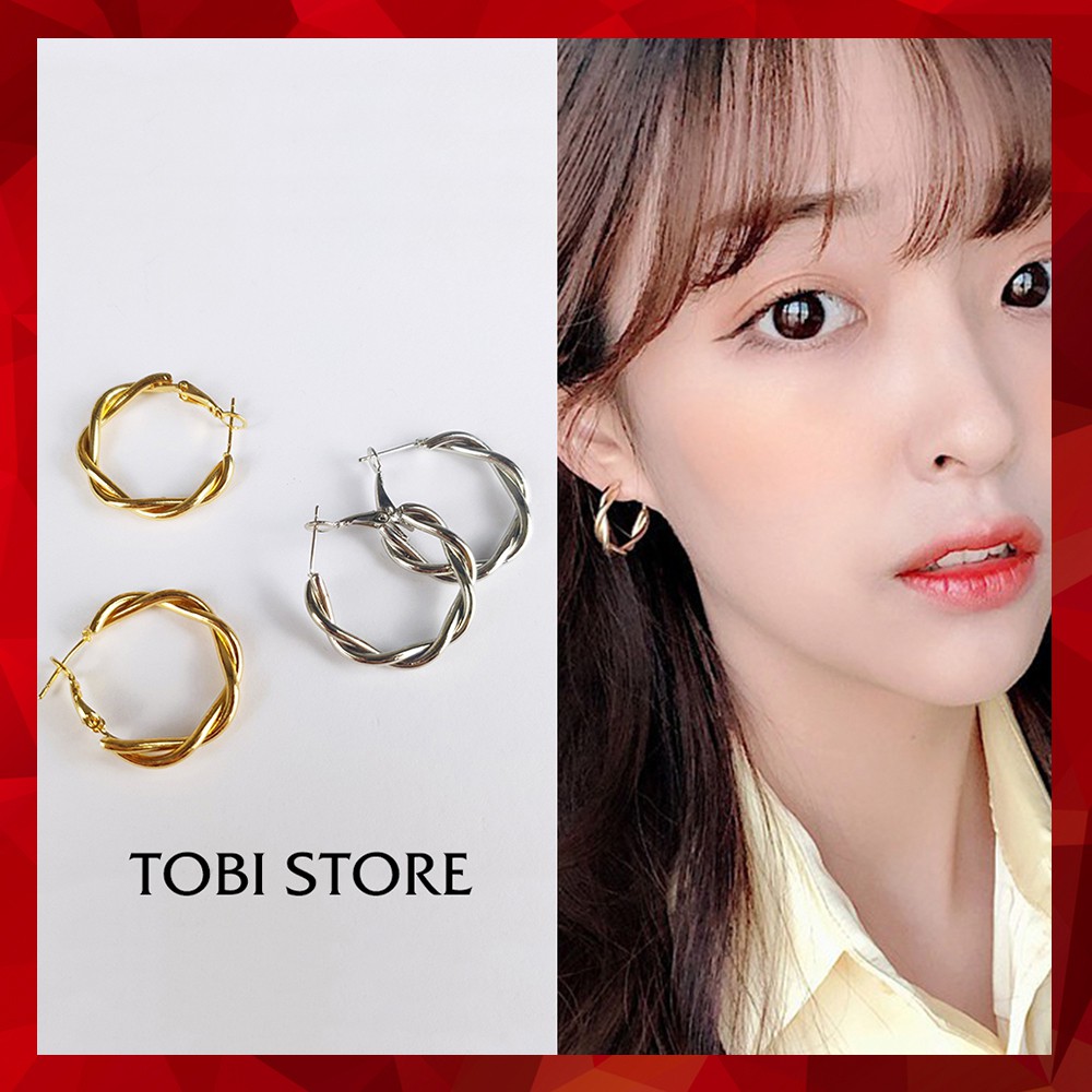 Khuyên tai nữ Bông tai tròn to uốn bện cá tính 02 màu Bạc/Vàng NO SKU 73 TOBI STORE