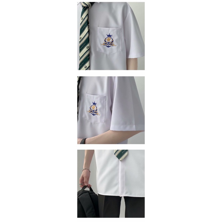 Áo Sơ Mi Đồng Phục Ngắn Tay Màu Trắng Họa Tiết Thêu Đơn Giản Cho Nam