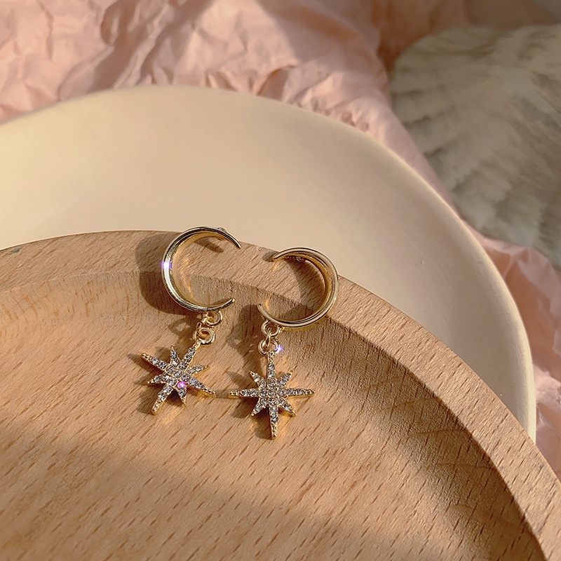 Bông Tai Hình Mặt Trăng Ngôi Sao Đính Đá s925 Phong Cách Pháp Đơn Giản Thời Trang Cho Nữ