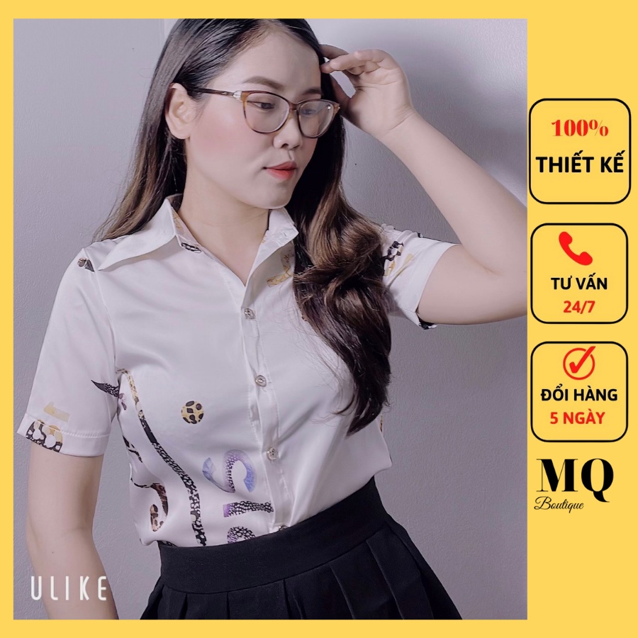 Áo sơ mi nữ lụa cộc tay cao cấp công sở màu trắng họa tiết chữ to nhiều màu, áo sơ mi thiết kế MQ Boutique