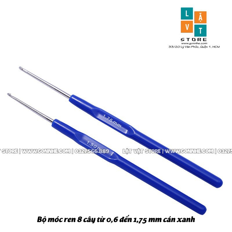 Bộ dung cụ 8 cây Móc Ren, Móc len cán màu xanh từ 0,6 đến 1,75 mm - Crochet Hook bằng thép không gĩ handmade DIY