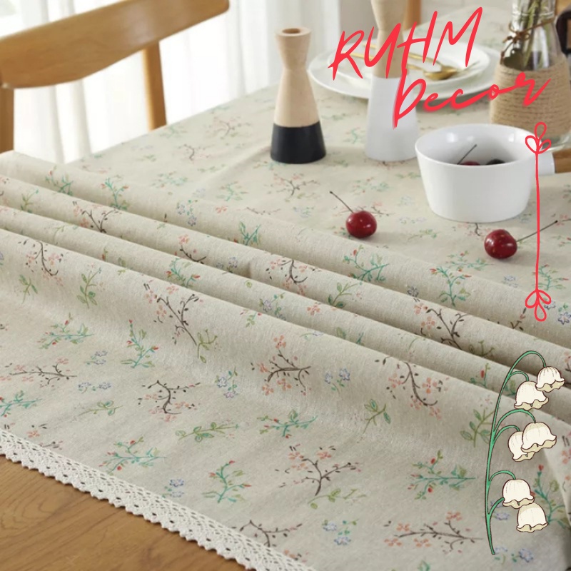 Khăn trải bàn vintage trang trí vải bố linen đẹp - họa tiết Cành lá hoa nhí - KB-G03