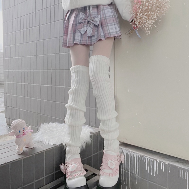 Vớ ống chân cổ cao tới đùi dệt kim gân sọc màu trơn giữ ấm phong cách Nhật Bản lolita đi học đáng yêu cho học sinh nữ