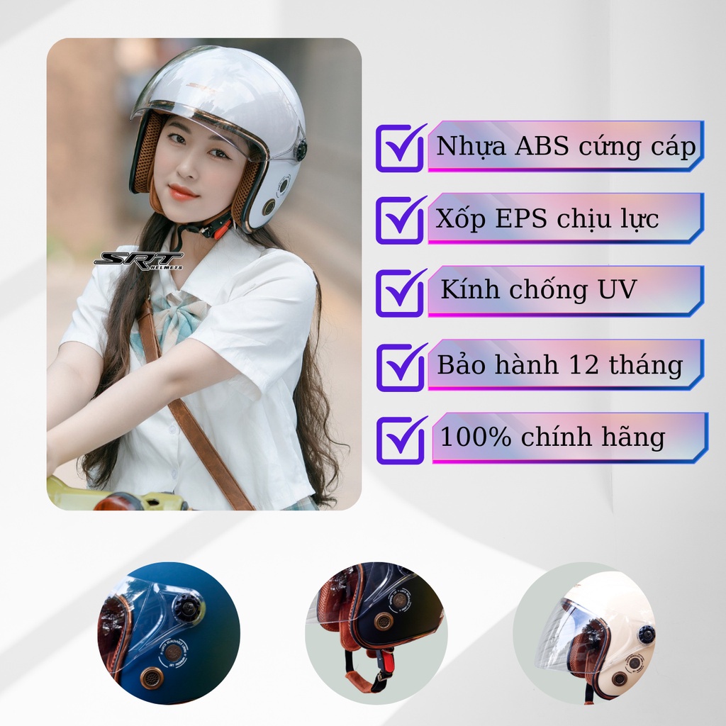 Mũ Bảo Hiểm 3/4 SRT A317 Kính Phủ thông gió viền đồng cao cấp