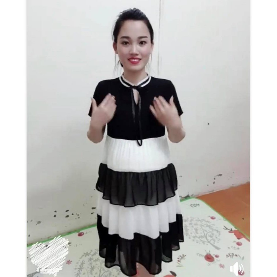 Váy bầu dáng suông VOAN LỤA  BABY DOLL phối đen trắng VTK22