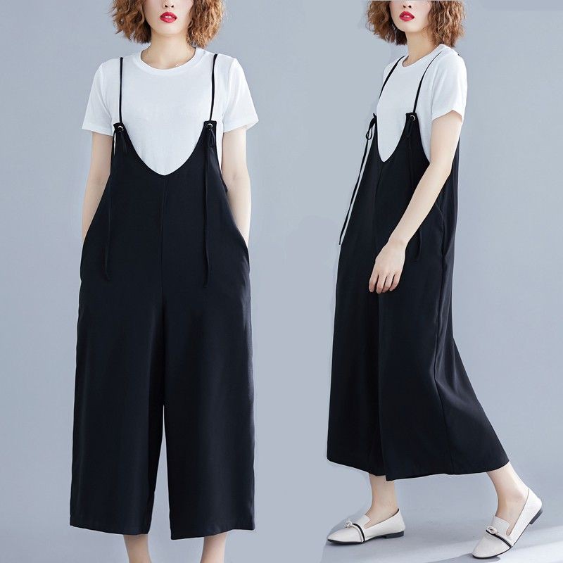 [ORDER] Quần yếm lửng nữ bigsize ống rộng màu đen basic (fit 75kg) - Có ảnh thật