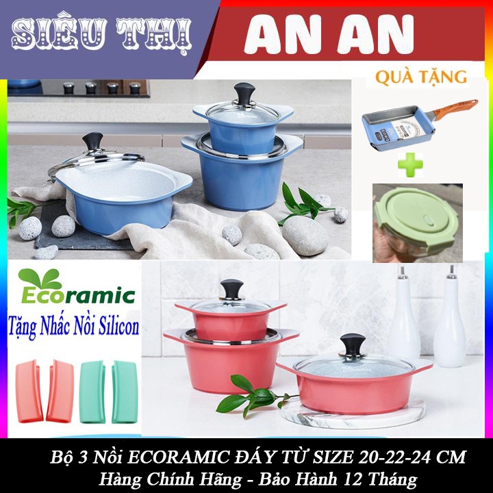 Bộ 3 nồi gốm sứ ECORAMIC bếp từ chống dính size 20 22 24cm màu xanh tặng 2 nhắc nồi sillicon,chảo trứng và hộp thủy tinh